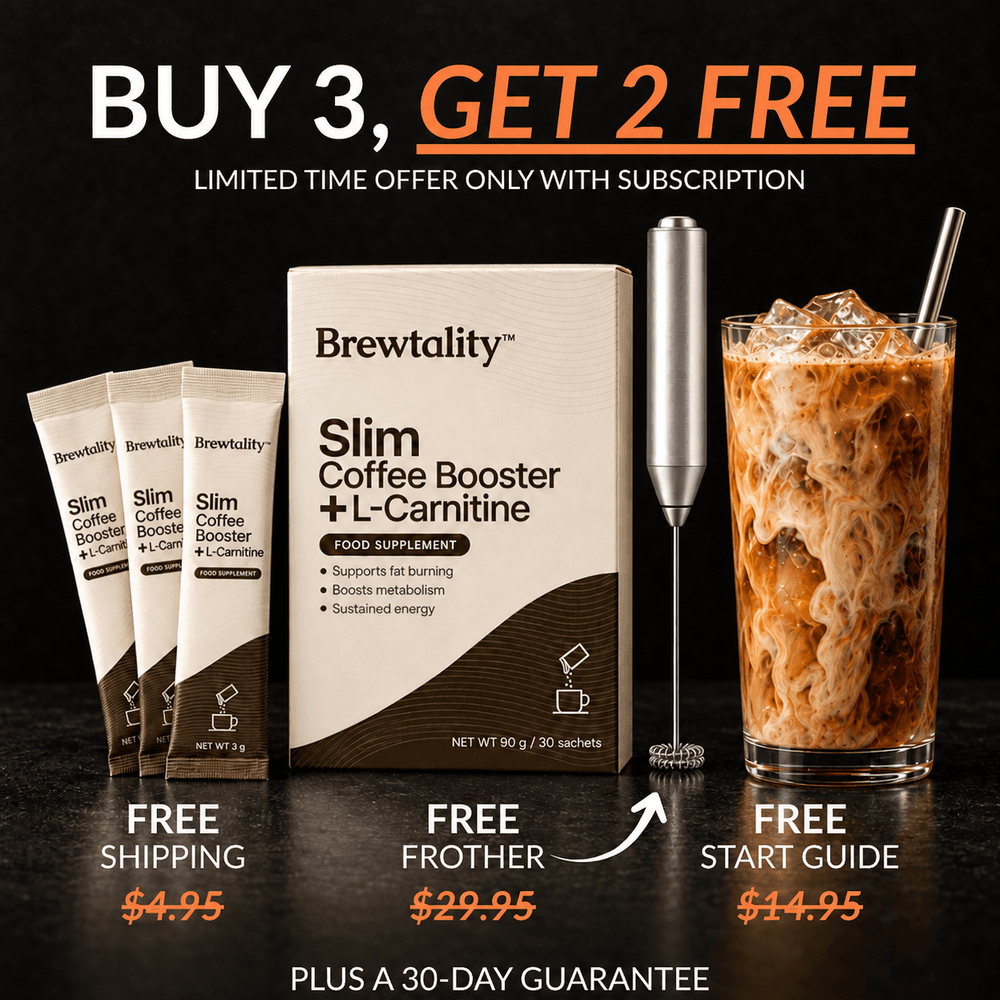 Brewtality Slim Coffee Booster box, sachets, frother and iced coffee — Buy 3, Get 2 Free